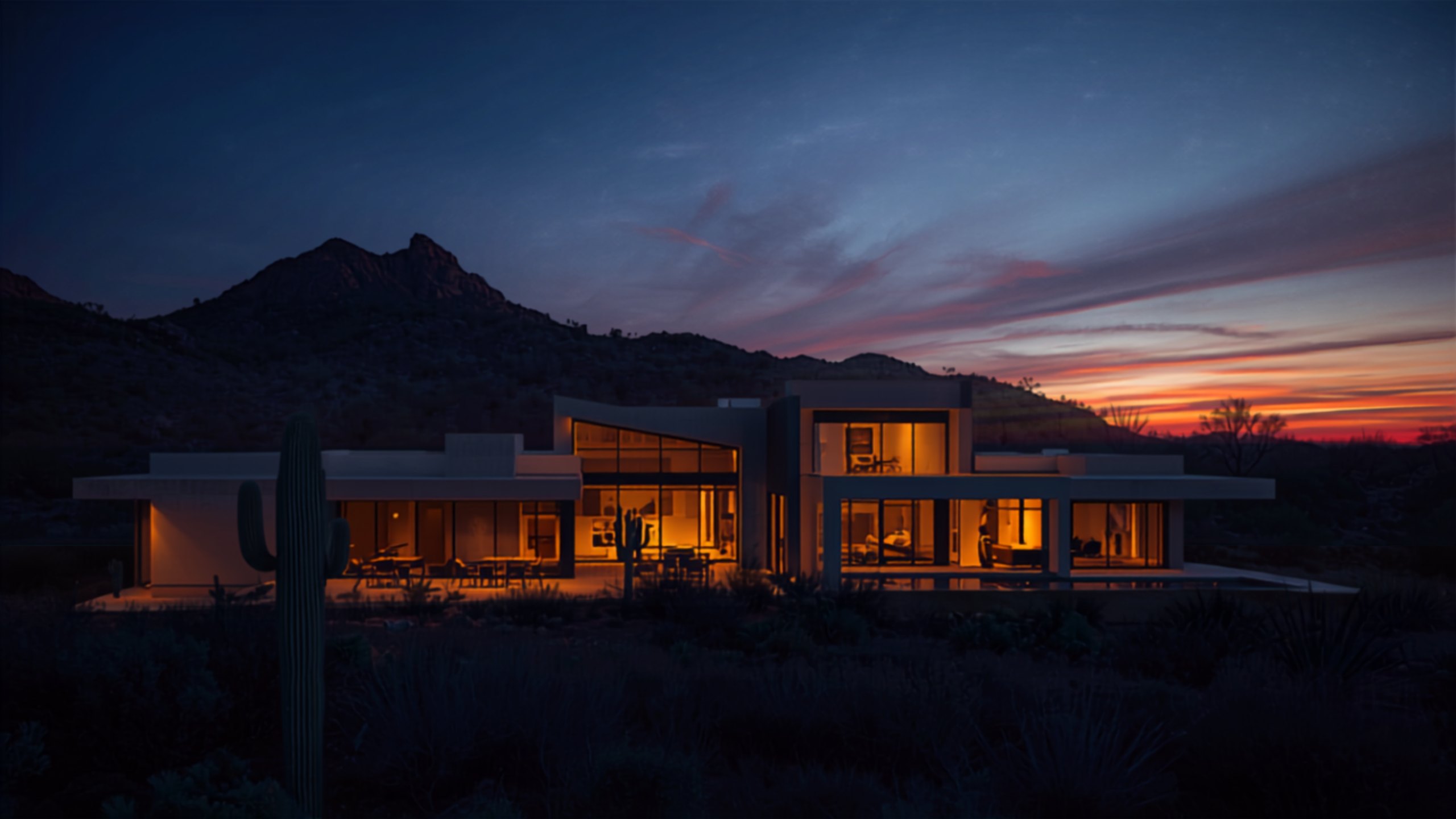 Modern desert-contemporary custom home at dusk outside Tucson, Arizona, with lit floor-to-ceiling glass and saguaro in the foreground